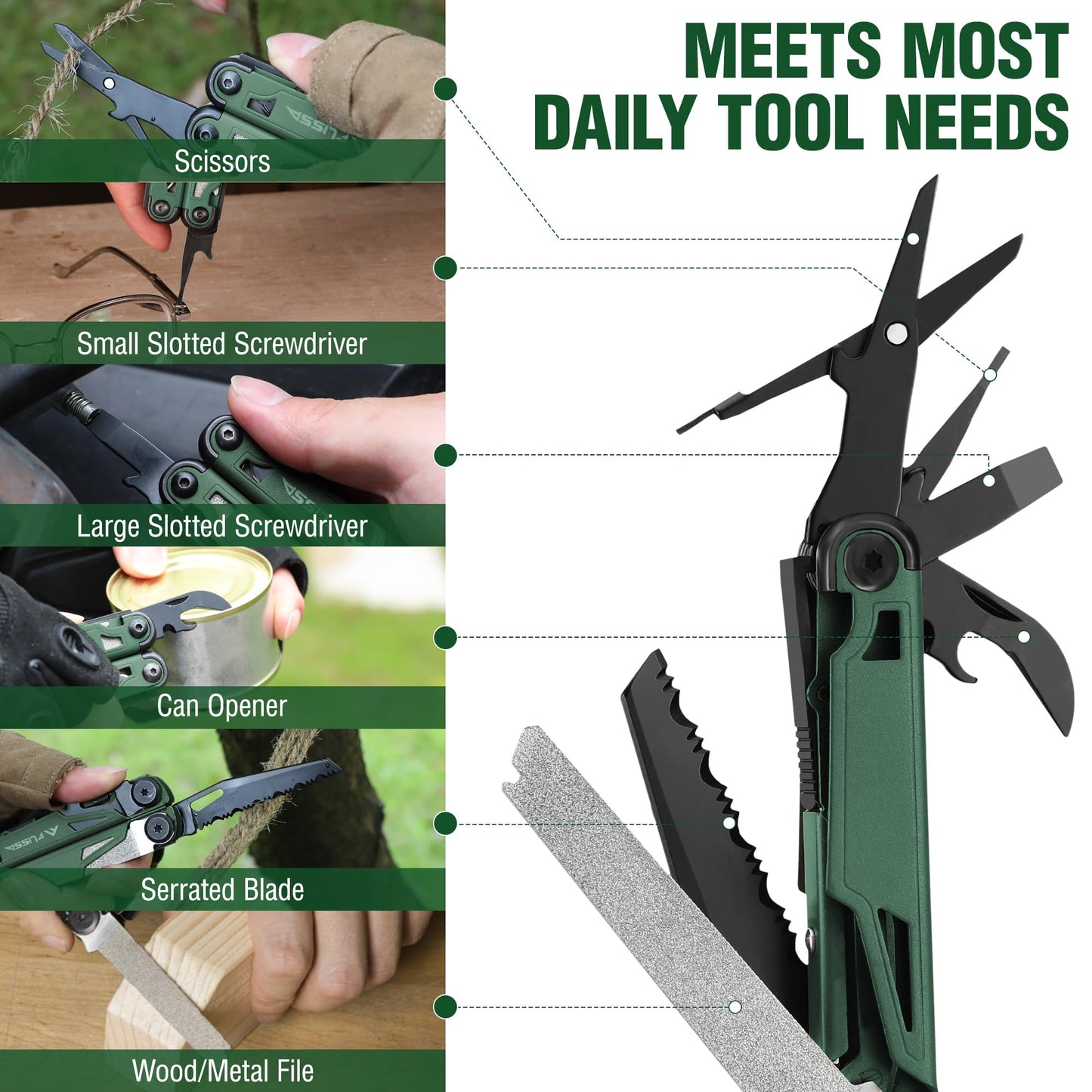 FLISSA Multitool, 15-in-1 Multi Tool Pocket Knife with Sheath, Stainless Steel EDC Multitool Pliers for Men, All-in-One Tools for Camping, Fishing, Survival