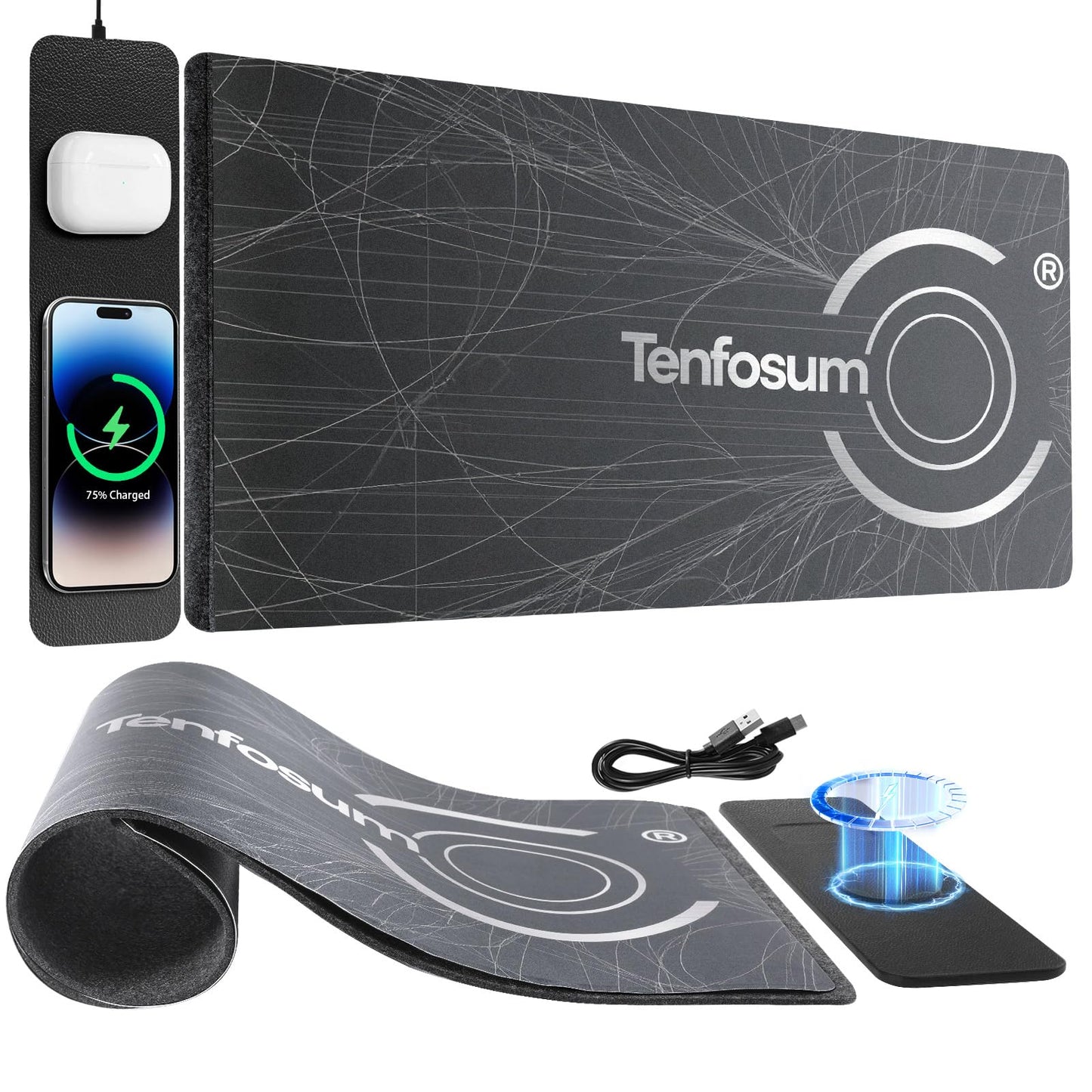Tenfosum Wireless Charging Mouse Pad 30"x15" XXL Large Desk Mat with Wireless Charger Two Layers Thicken PU+Felt Waterproof Mousepad for Laptop, 2 in 1 Charging Station for iPhone