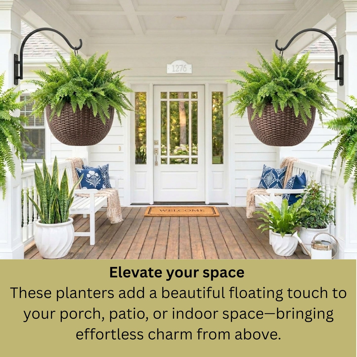LaLaGreen Bundle- 4 Pack, 11 Inch Brown + 2 Pack, 11 Inch White Self Watering Hanging Plant Pots Round Plastic Flower Baskets with Metal Chain Rattan Style Deck Balcony Decor Porch Patio Indoor Garden