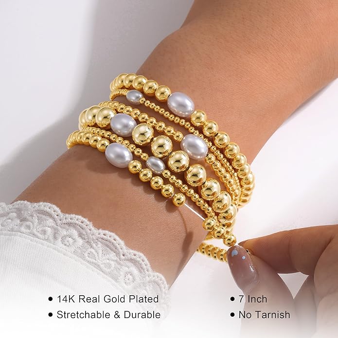 M MOOHAM Gold Beaded Bracelets for Women - 14k Real Gold Plated Beaded Pearl Bracelet Set Stack for Women Trendy Non Tarnisn, Adjustable Stretch Bracelet Jewelry Gifts for Teen Girls Women