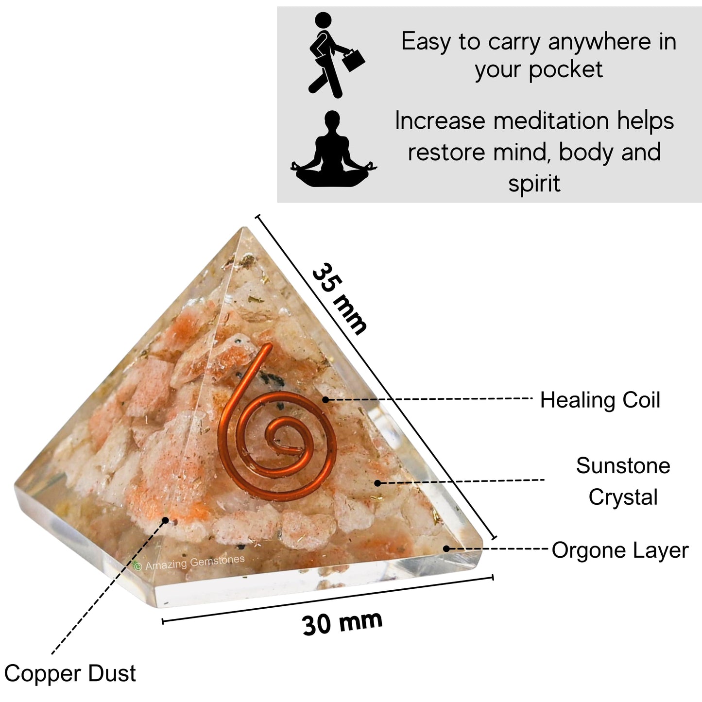 Amazing Gemstone Sunstone Orgone Pyramid - 30mm Small Orgonite Pyramids with Crystals and Healing Stones - Authentic Organite Gifts