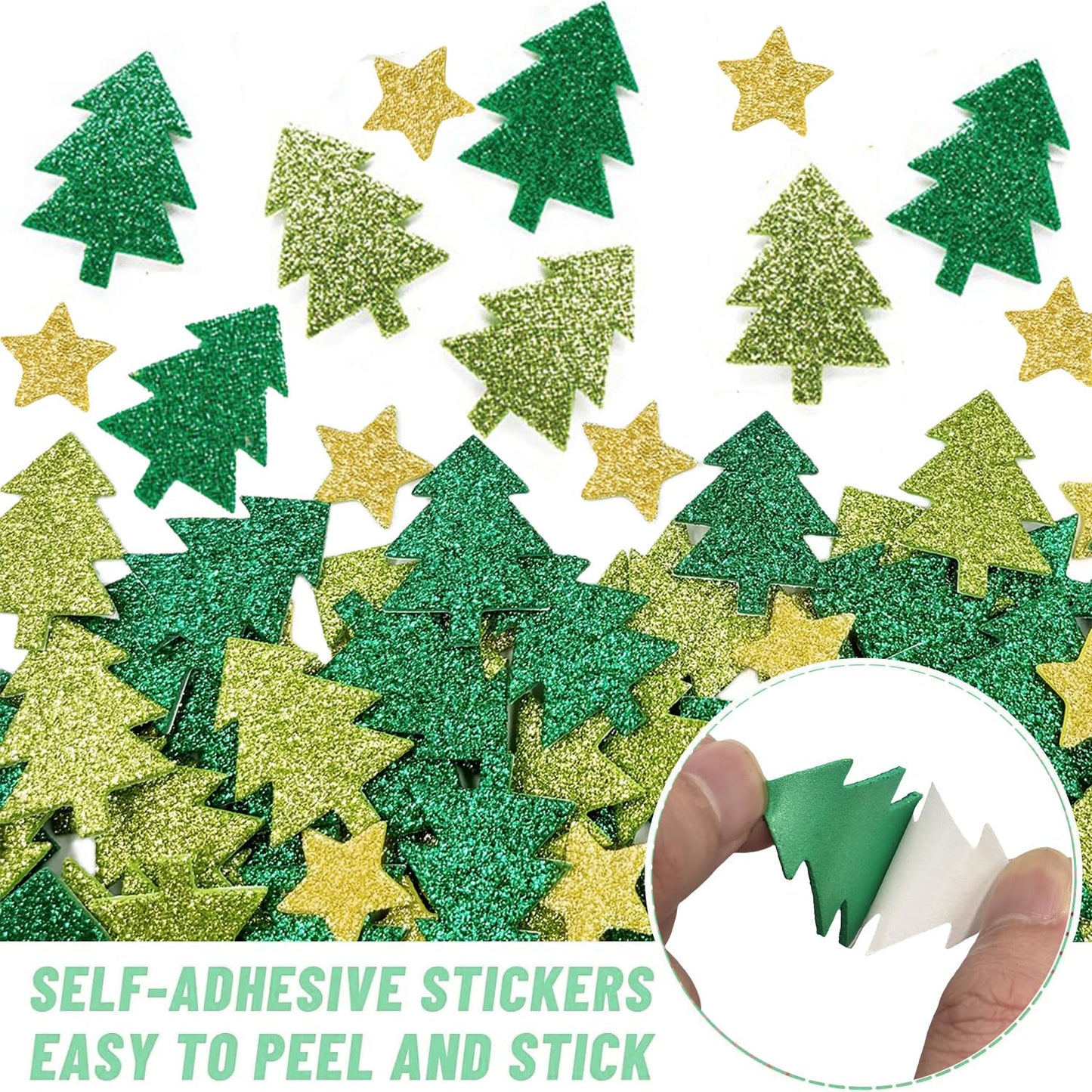 500 Pieces Christmas Glitter Foam Stickers - Self Adhesive Tree and Stars Shapes for Kids and Crafts
