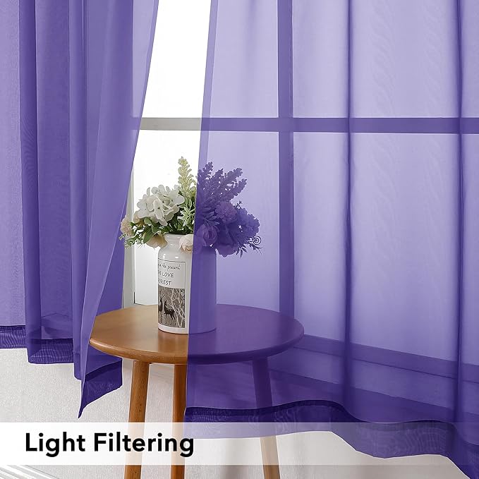 Simplebrand Purple Sheer Curtains 63 Inch Length 2 Panels, Rod Pocket Solid Color Window Sheer Curtain Panels, Elegant Curtains & Drapes for Living Room, Bedroom (Purple, 42" W x 63" L)