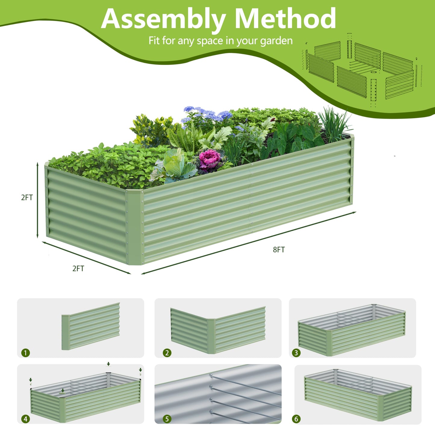 Ayen Guard 8x2x2FT Galvanized Raised Garden Bed,Galvanized Planter Boxes Outdoor, Large Metal Raised Garden Beds for Vegetables-Green