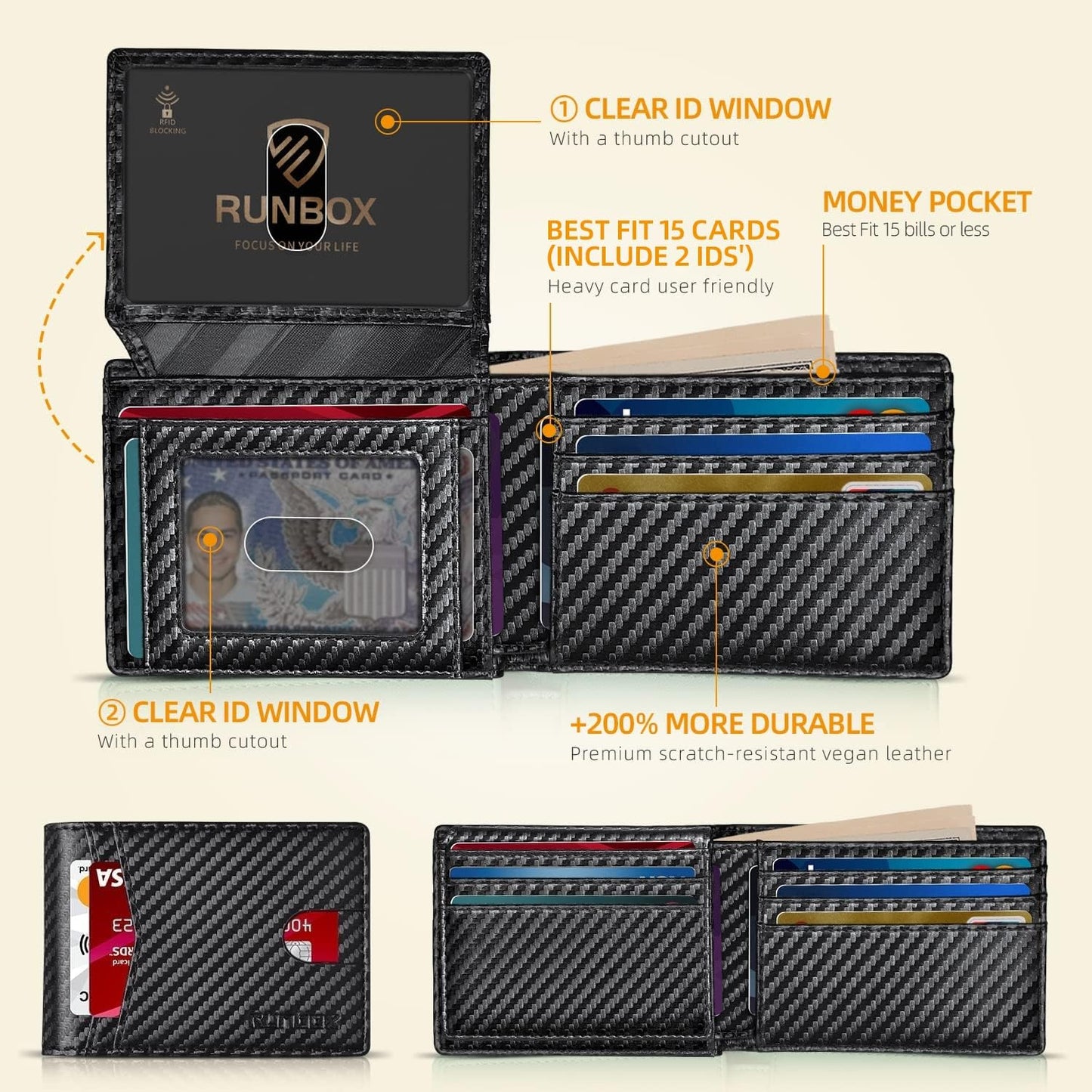 RUNBOX Wallet for Men - Slim Rfid Leather Bifold 2 ID Window With Gift Box Men's Accessories