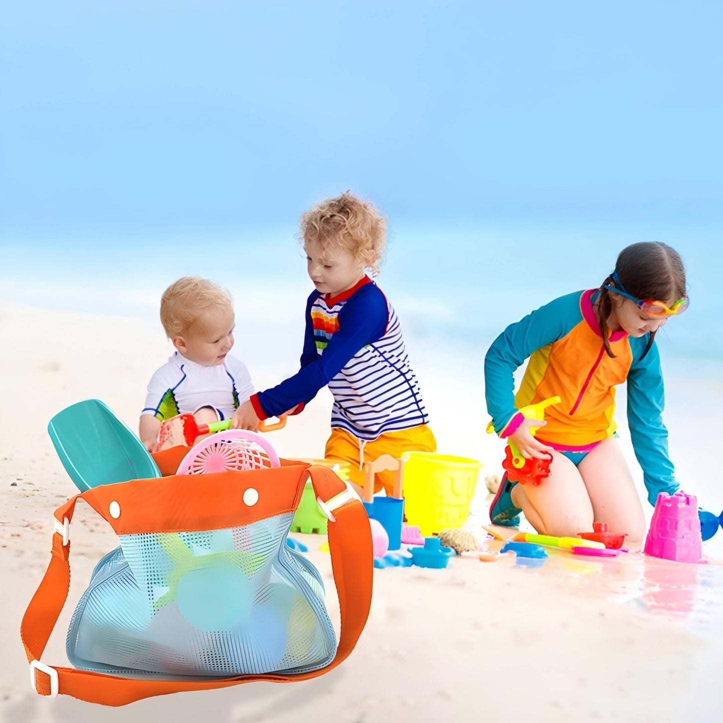 Hokoad 6Pcs Shelling Tools for Beach Include Beach Mesh Shovel, Sand Sifter with Extra Long Adjustable Handle and Mesh Beach Bag, Collecting Shells Beach Toys or Kids Girls Boys(6Pcs)