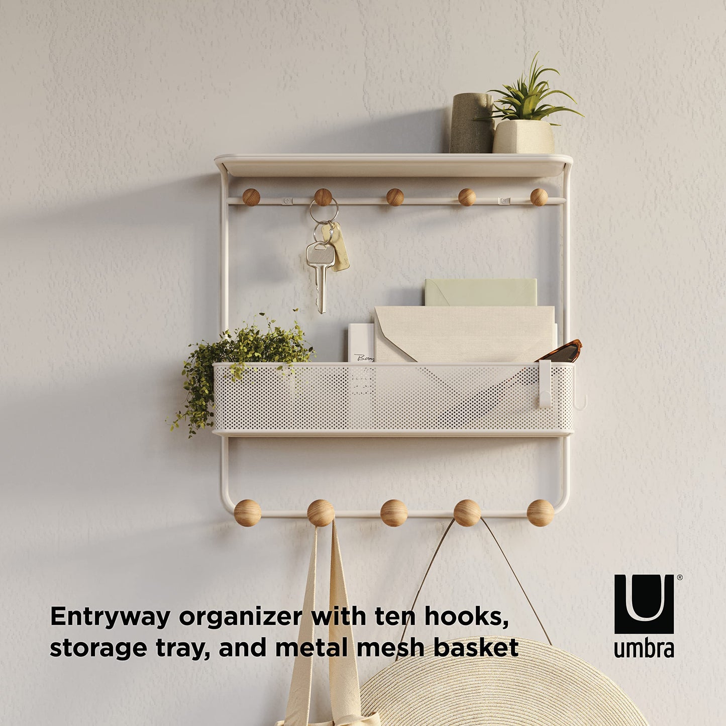 Umbra Estique Entryway Organizer Storage Solution with Cubby Bin, Shelf and Hooks for Keys, Mail, Glasses, Wallet, Purse, Hat, and More, White