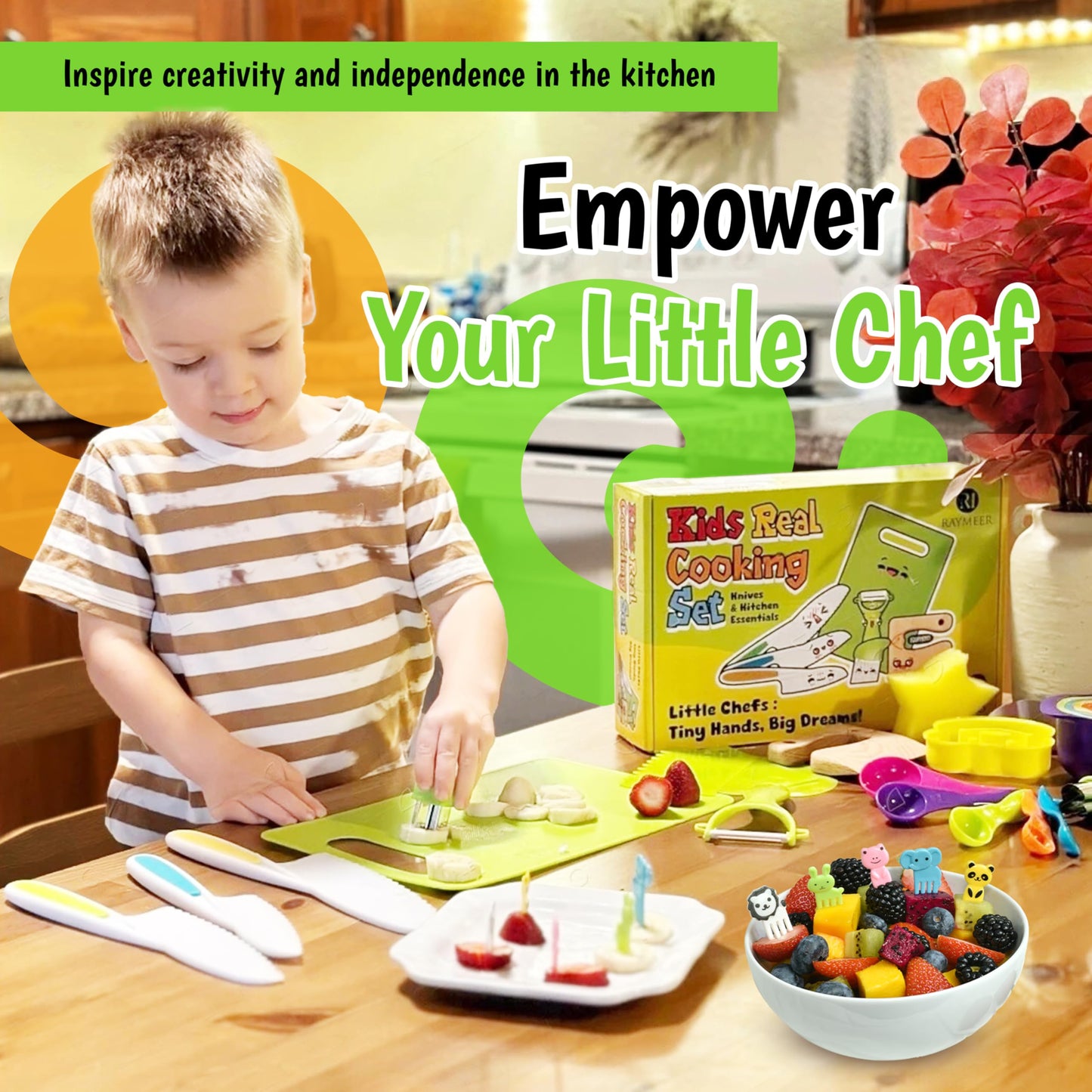 40-Pcs Kids Knife Set for Real Cooking, Toddler Cooking Set Montessori with Recipes Book, Toddler Kitchen Tools for Cooking, Kids Cooking Sets Real - Cutting Board and Knife Set