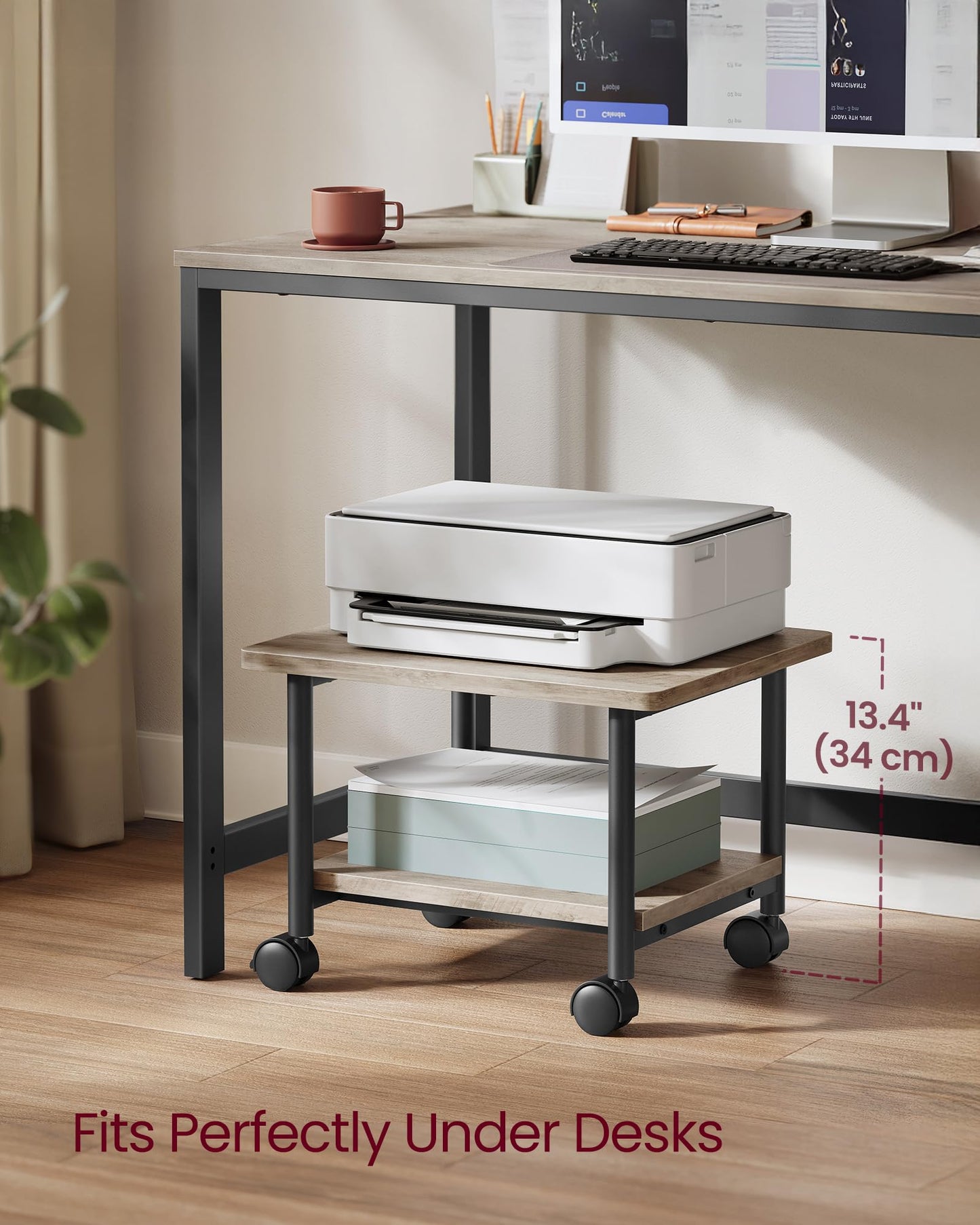 VASAGLE Heavy-Duty Printer Stand with Locking Wheels, 2-Tier Industrial Mobile Cart with Storage Shelf, Under Desk Printer Table for Home, Office, 13.4" Height, Heather Greige and Black UOPS002B02