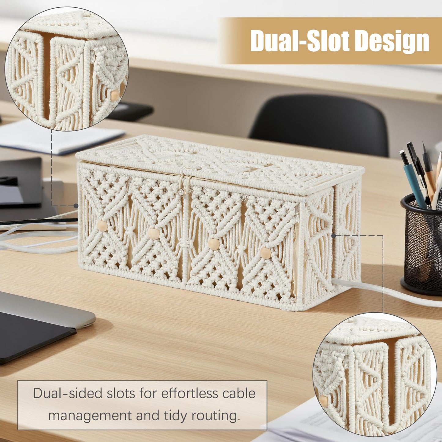 VinneGenzz Cable Management Box Handmade Macrame Cord Storage Organizer Power Strips Outlet Router Adapter TV Wire Hider Cover Under Desk Natural Cotton Rope Woven Boxes with Lid (Off White, Large)