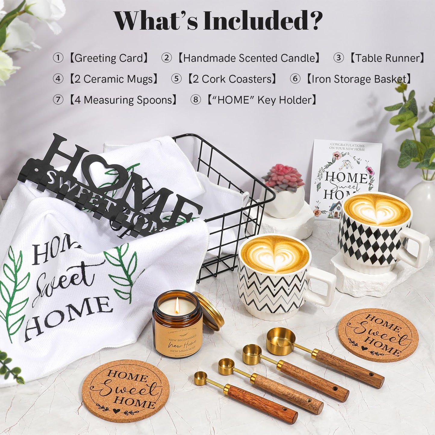 StoFurry Housewarming Gift Basket for New Home | 13 Pcs Kitchen Essentials Set with Ceramic Mugs, Measuring Spoons, Storage Basket | New Home Gift Ideas | Closing Gifts for Couples & Families