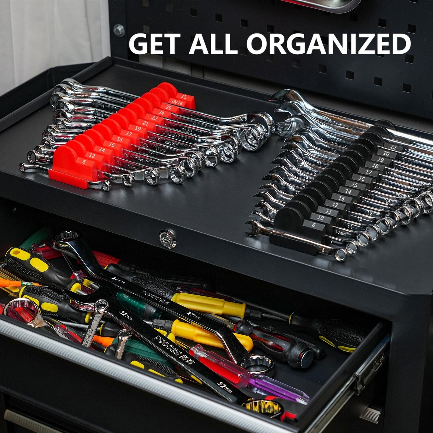 DEHOYI 48 pcs Modular Wrench Organizers for Tool Drawers - Wrench Rack with Metric&SAE Labels, Perfect Tool Storage Holder. Gift for father, brother and boyfriend (Black without Magnet)