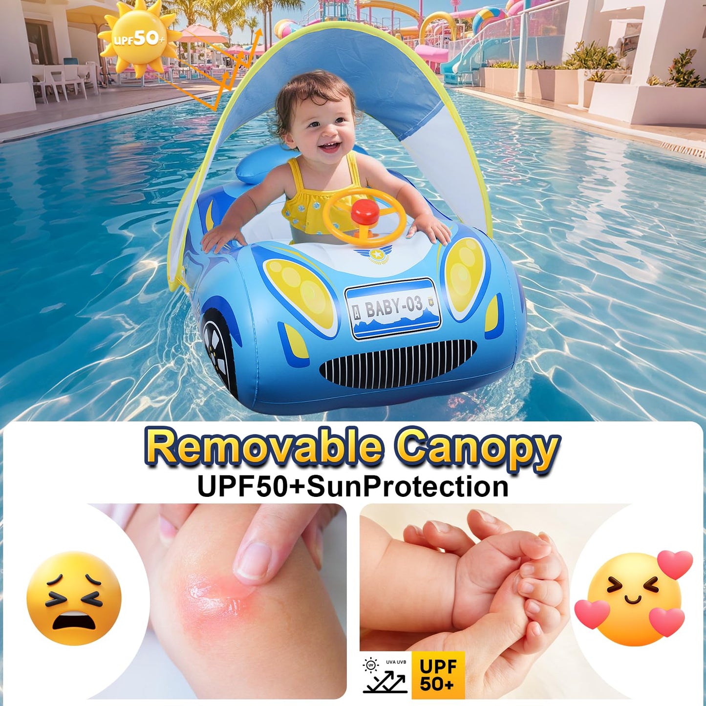 Baby Floaties for Infants with Canopy: Qoosea Baby Pool Float with UPF50+ Sun Protection & Toy Play Steering Wheel Baby Swimming Float with Patch Kit for Babies Baby Float for 18-48 Month