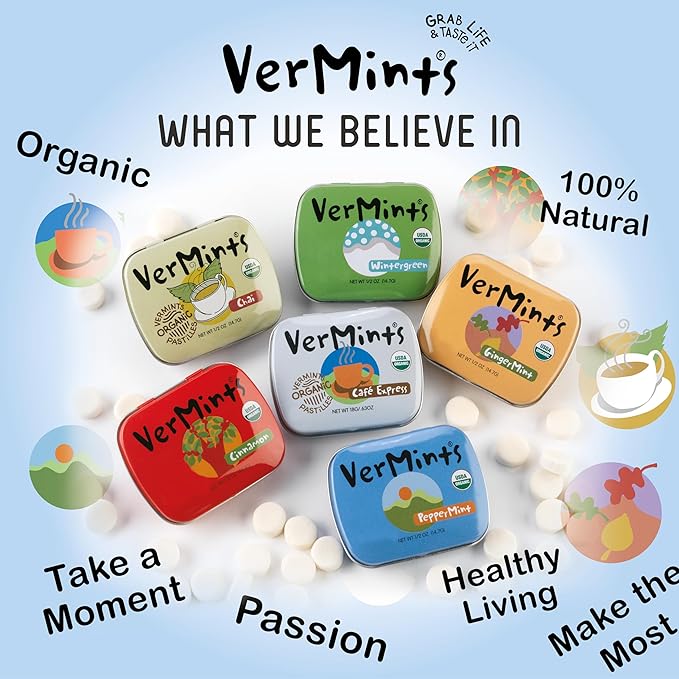 VerMints Organic Breath Mints PepperMint Candy Mints for Real Long-Lasting Flavor, Travel Size Tin - Non-GMO, Nut Free, Gluten Free, Vegan, Kosher Peppermints - .63oz/18g Tins (Pack of 12)