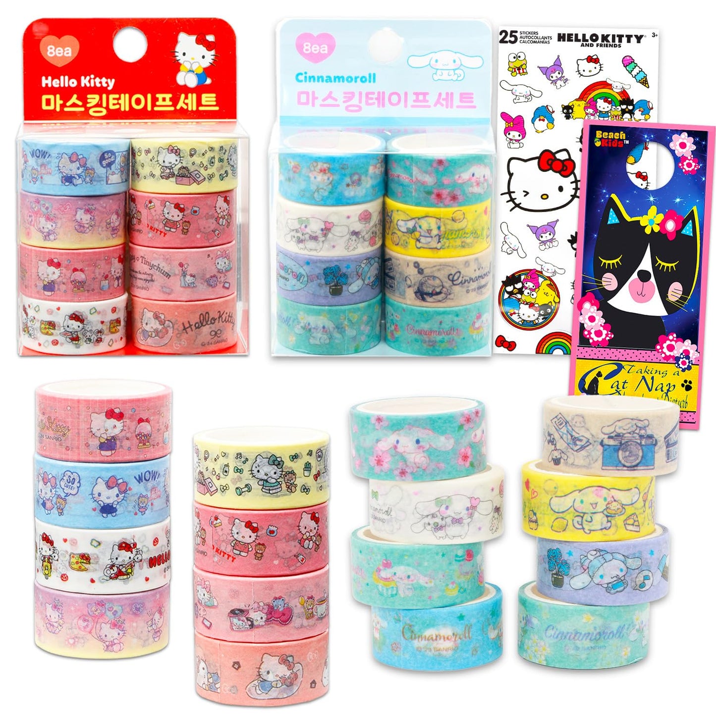 Sanrio Washi Masking Tape Variety Pack - Bundle with 16 Decorative Hello Kitty & Cinnamoroll Washi Tape Rolls for DIY Crafts, Scrapbooking, Journals, More Stationery