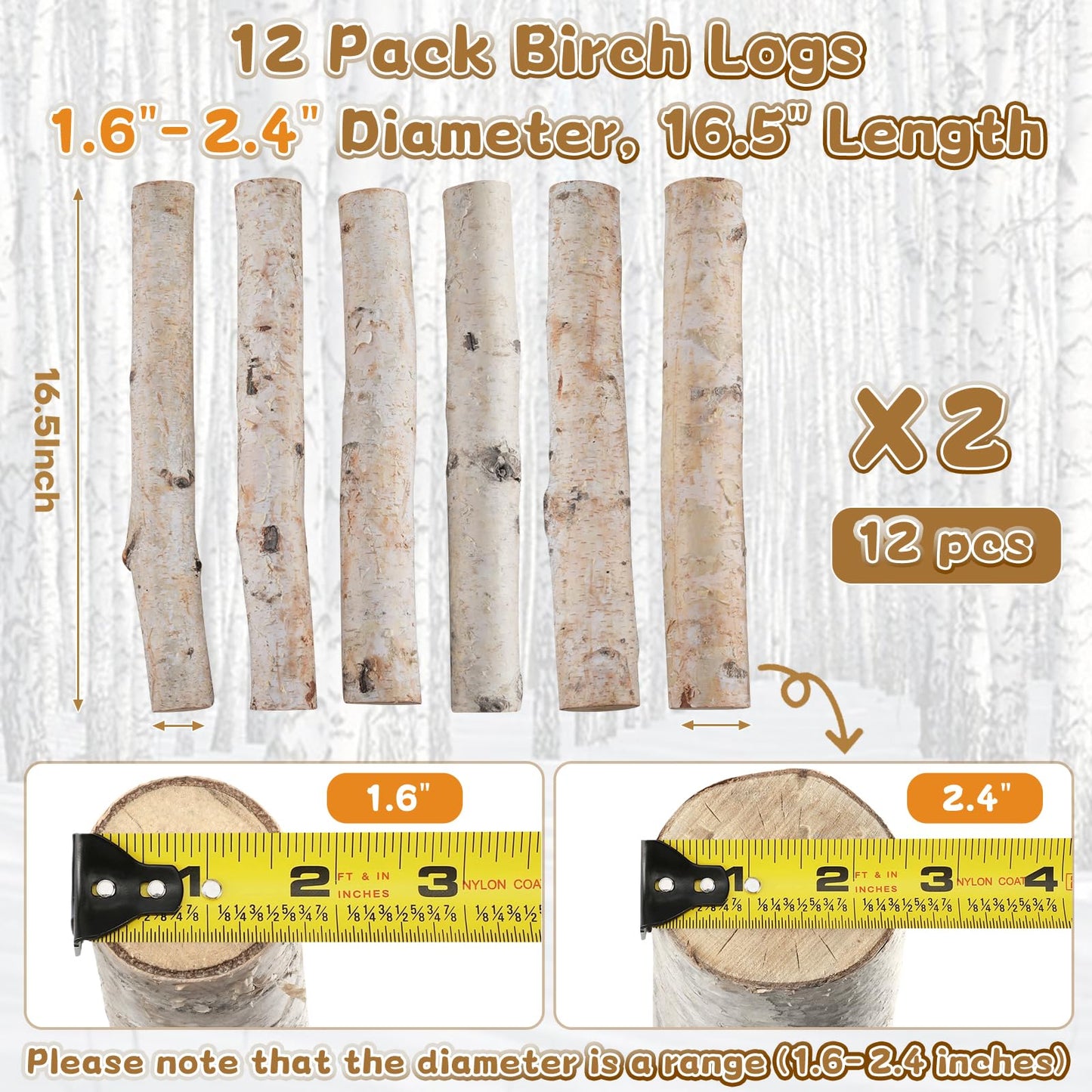 12Pack Birch Logs for Fireplace Decor - Natural Decorative Birch Wood Branches (1.6"-2.4" Dia. x 16.5" Long) for DIY Crafts, Home Décor, and Fire Pit