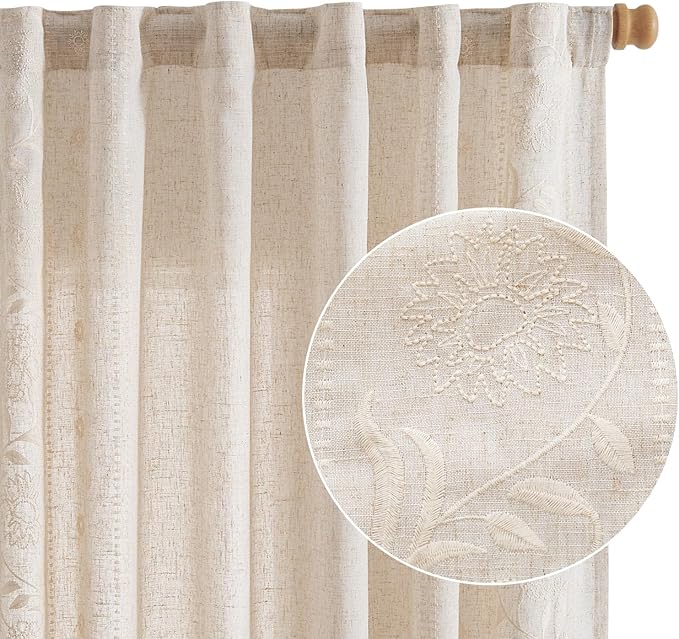 jinchan Winslow Linen Curtains for Bedroom 90 Inches Length Embroidered Bordered Floral Curtains for Living Room Farmhouse Decor Light Filtering Window Treatments Ivory on Beige Drapes 2 Panels