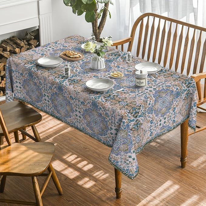 Horaldaily Boho Bohemia Style Tablecloth 60×104 Inch Rectangular, Blue Vintage Country Rustic Farmhouse Magical Fall Orange Washable Seasonal Table Cover for Party Picnic Dinner Decor