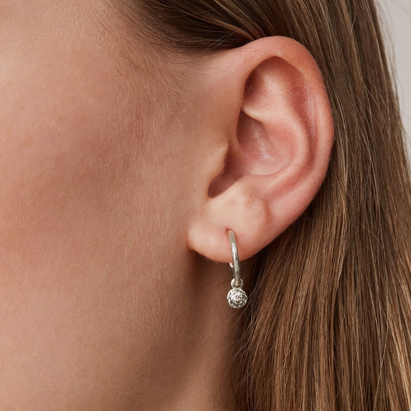 PAVOI 14K White Gold Plated 925 Sterling Silver Post Hammered Open Huggie hoop Earring With CZ Dangle | Womens PAVOI Earrings | Small Huggie Earring With Round Dangle