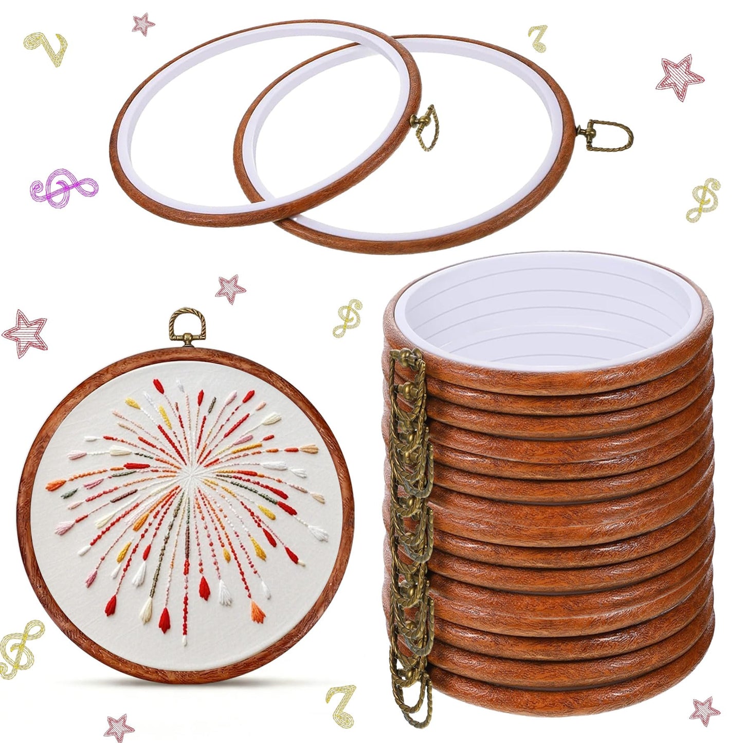 ZESHIHAOGUO 15 Pcs Round Embroidery Hoops - Rubber Ring Imitated Wood Frame Kits for Cross Stitch, DIY Craft, Sewing Projects Hanging Gifts (Brown, 8.27 Inch)