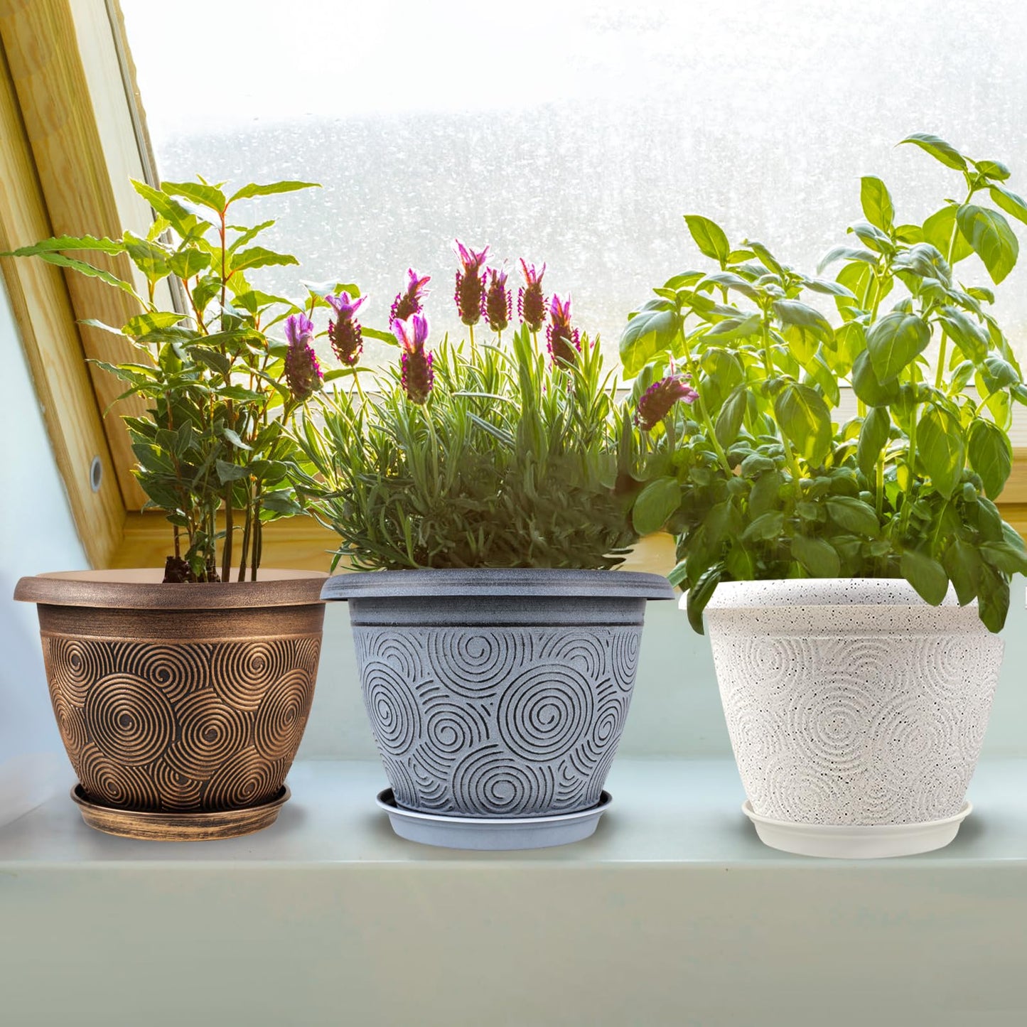 Fodetyff 8 Inch Flower Pots Planters for Indoor Outdoor Plants, 4 Pack Plastic Small Plant Pots with Drainage Hole & Tray, Modern Decorative Garden Pot with Saucer, Plant Container for House