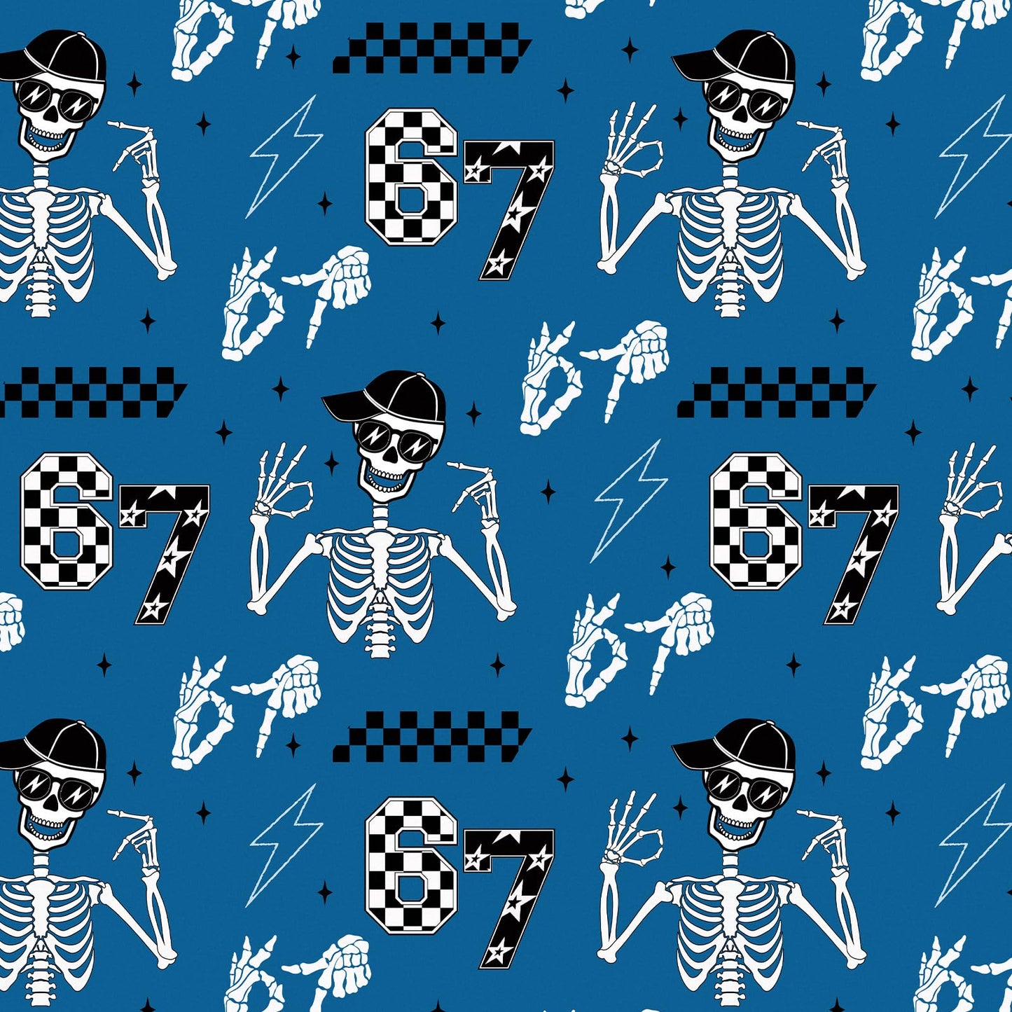 RUSPEPA 67 Skeleton Wrapping Paper Roll, Mini Roll, Blue Cool Street Style 67 Meme Design with Skeleton, Checkered & Lightning, Funny Gift Wrap for Kids, Boys, Teens, Birthday, 17 Inches x 16.4 Feet