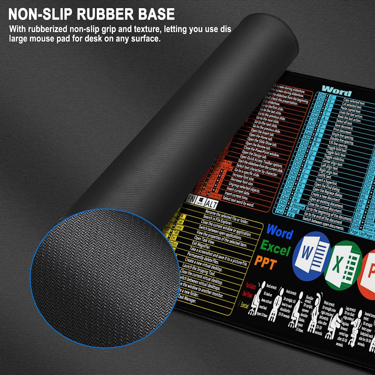 Excel Shortcuts Large Mouse Pad, 31.5 x 15.7 in Gaming Extended Mousepad with Stitched Edge, Non-Slip Rubber Base Water Resist Keyboard Pad for Office Game Home XXL, Word Excel PPT