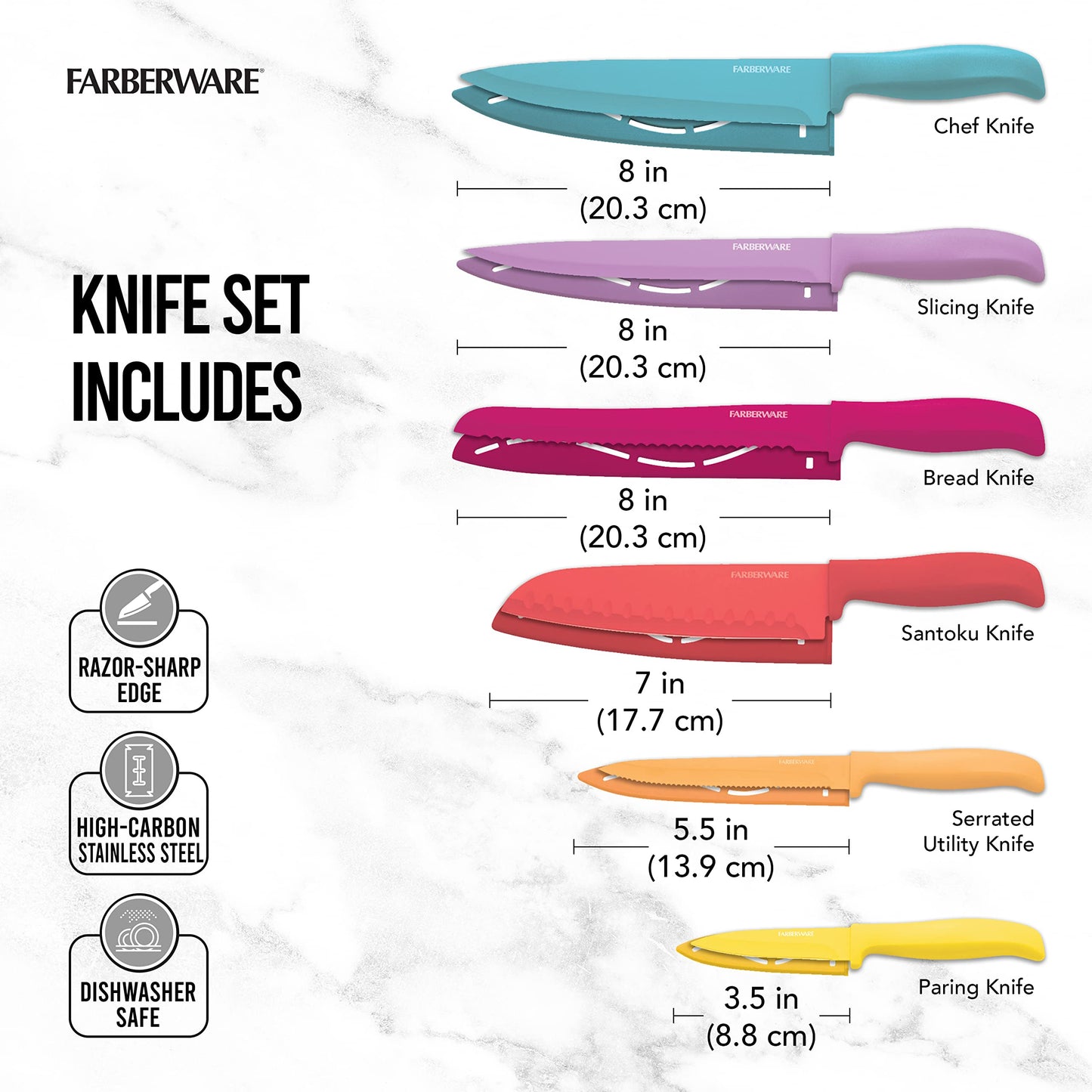 Farberware Resin Cutlery Set, 12 Piece, Pastel, Stick Resistant Blades, Ergonomic Grip ANDBalance, Blade Covers Included, Perfect for Back to College and First Kitchens