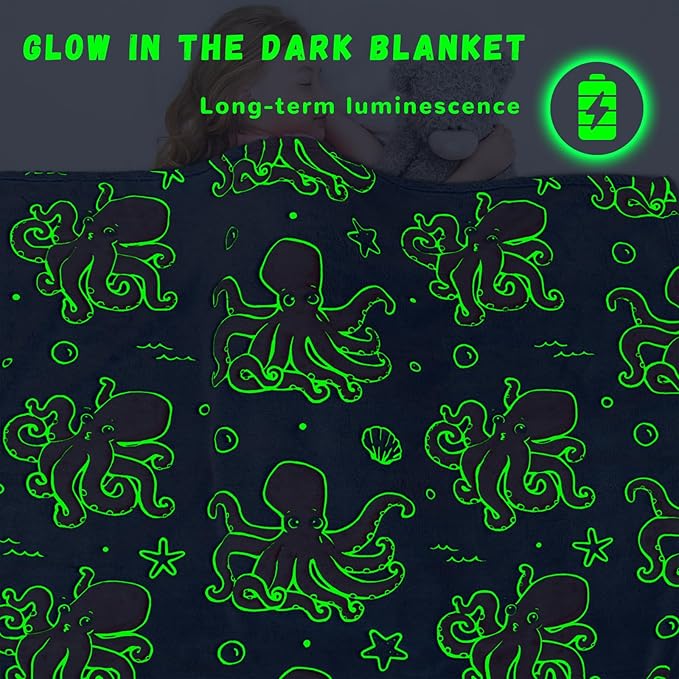 Octopus Blanket Glow in The Dark Ocean Blanket Soft Pink Octopus Gifts Toys Decor Blue Fleece Kids Throw for Boys Girls Teens Birthday