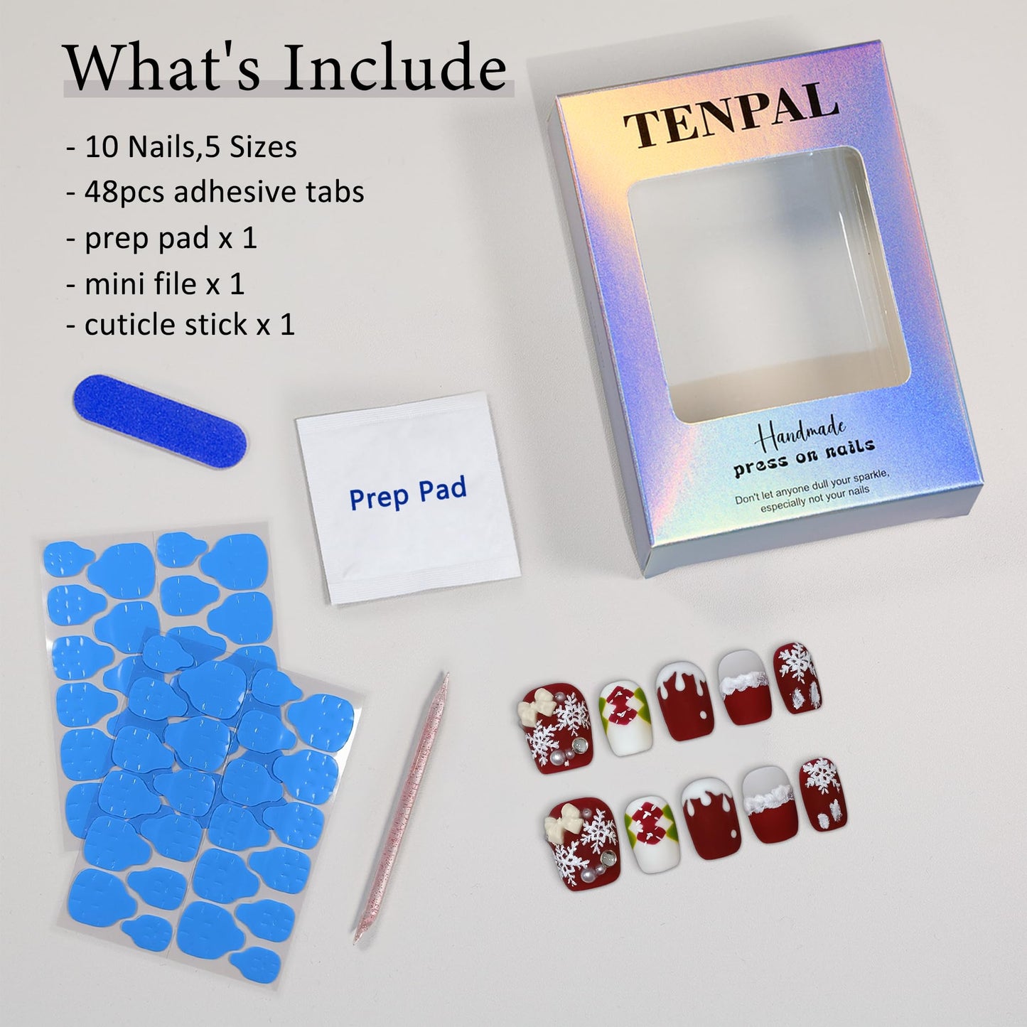 TENPAL Squoval Press on Nails -Acrylic Red Velvet Matte with Pearl Plaid & Snowfall Design | Handmade Winter Elegant Fake Nails with Tools | Christmas Party Gift Set(L)