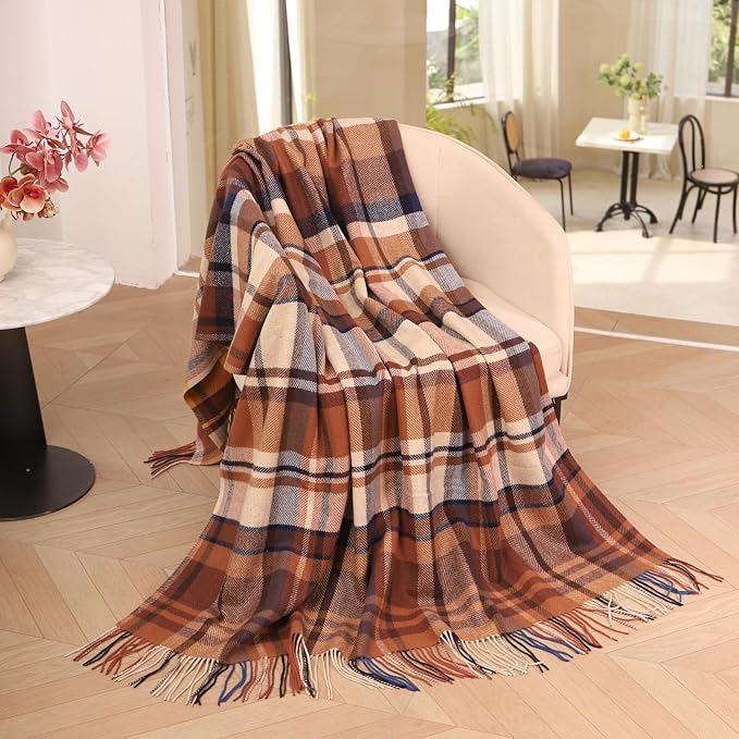 Throw Blanket Plaid with Carry Bag | Soft Wool Travel Blanket 55"x83" 2lbs| Mocha Brown Plaid Decorative Throw for Couch, Camping & Gift