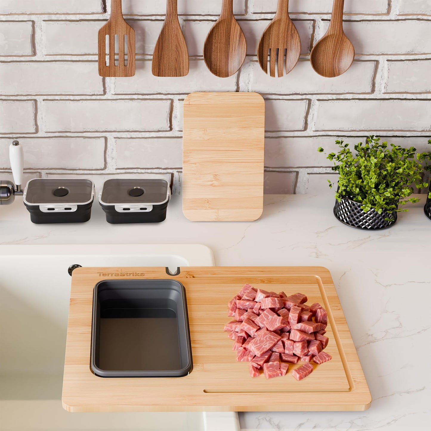 TerraStrike Bamboo Cutting Board Set with Knife Sharpener – Thick Wood Boards with Juice Groove, Silicone Container & Handles Non-Toxic Over Sink Design Ideal Kitchen Gifts