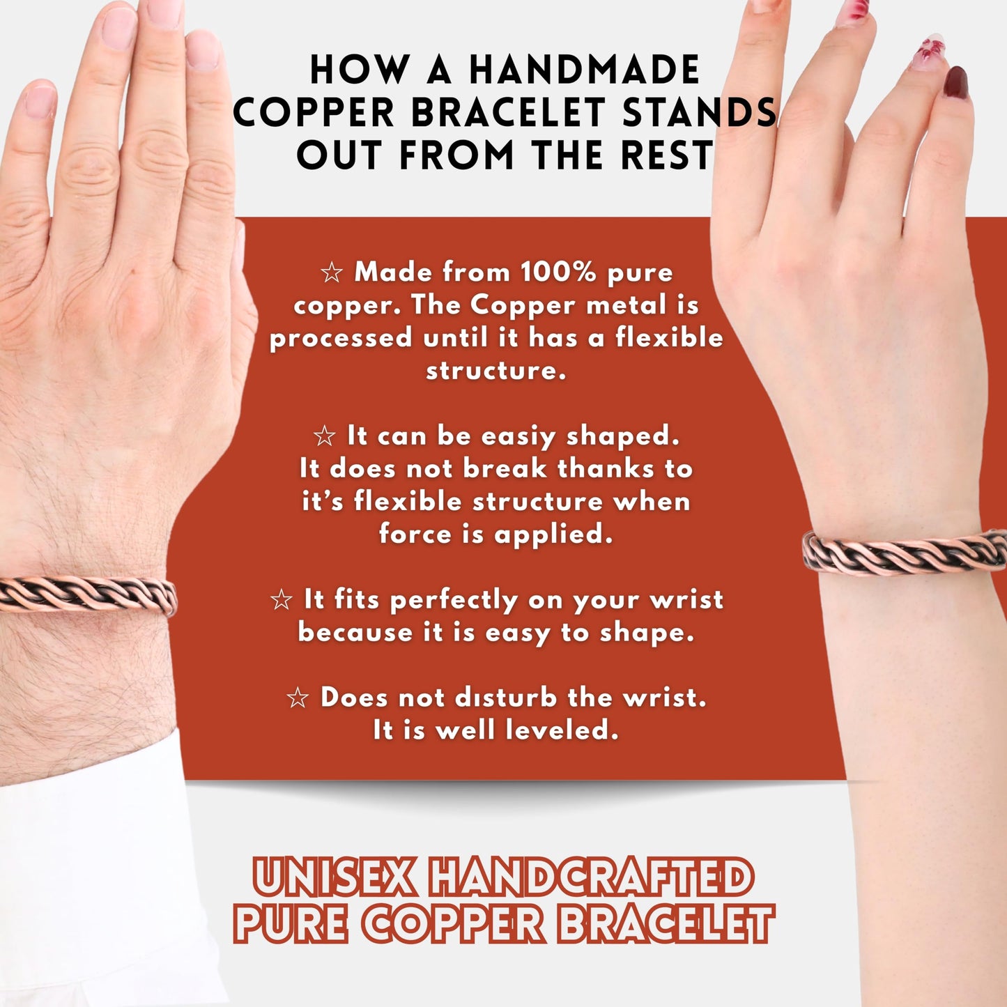 Handmade Elegant Copper Bracelet for Women and Men-Pure Copper Bracelet for Pain Relief and Stress Relief-Adjustable, Thickest, Twisted Copper Wire Bracelet to Fit many Size Wrist(folded) (folded)