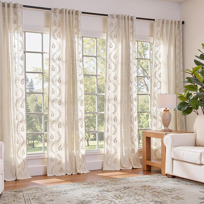 jinchan Belrose 4 Panel Curtains Set 84 Inch Length Floral Curtains Linen Blend Beige Embroidered Drapes Farmhouse Flower Patterned Drapes for Living Room Bedroom Window Treatments Set of 4