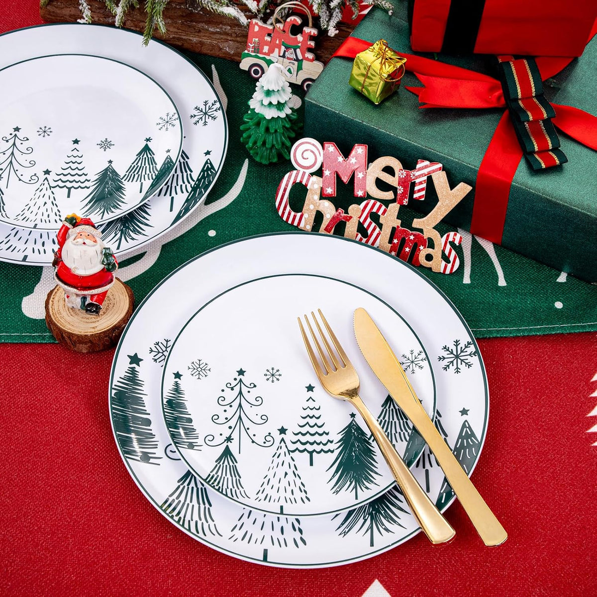 FLOWERCAT 100PCS Christmas Plates & Christmas Tree Plates - Heavy Duty Christmas Plastic Plates Disposable for Party - Include 50PCS 10.25inch Christmas Dinner Plates - 50PCS 7.5inch Dessert Plates