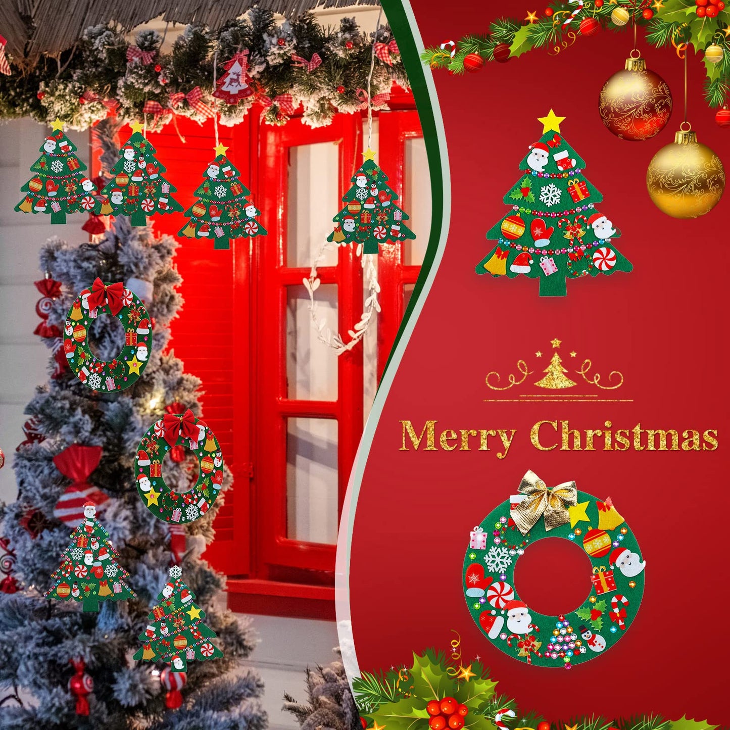 Tatuo 12 Pcs Felt Christmas Tree Wreath Decorating Craft Christmas DIY Ornaments Making Kit with 221 Self Adhesive Felt Stickers 12 Bows and 5 Gem Stickers (Wreath Style and Trees Style)