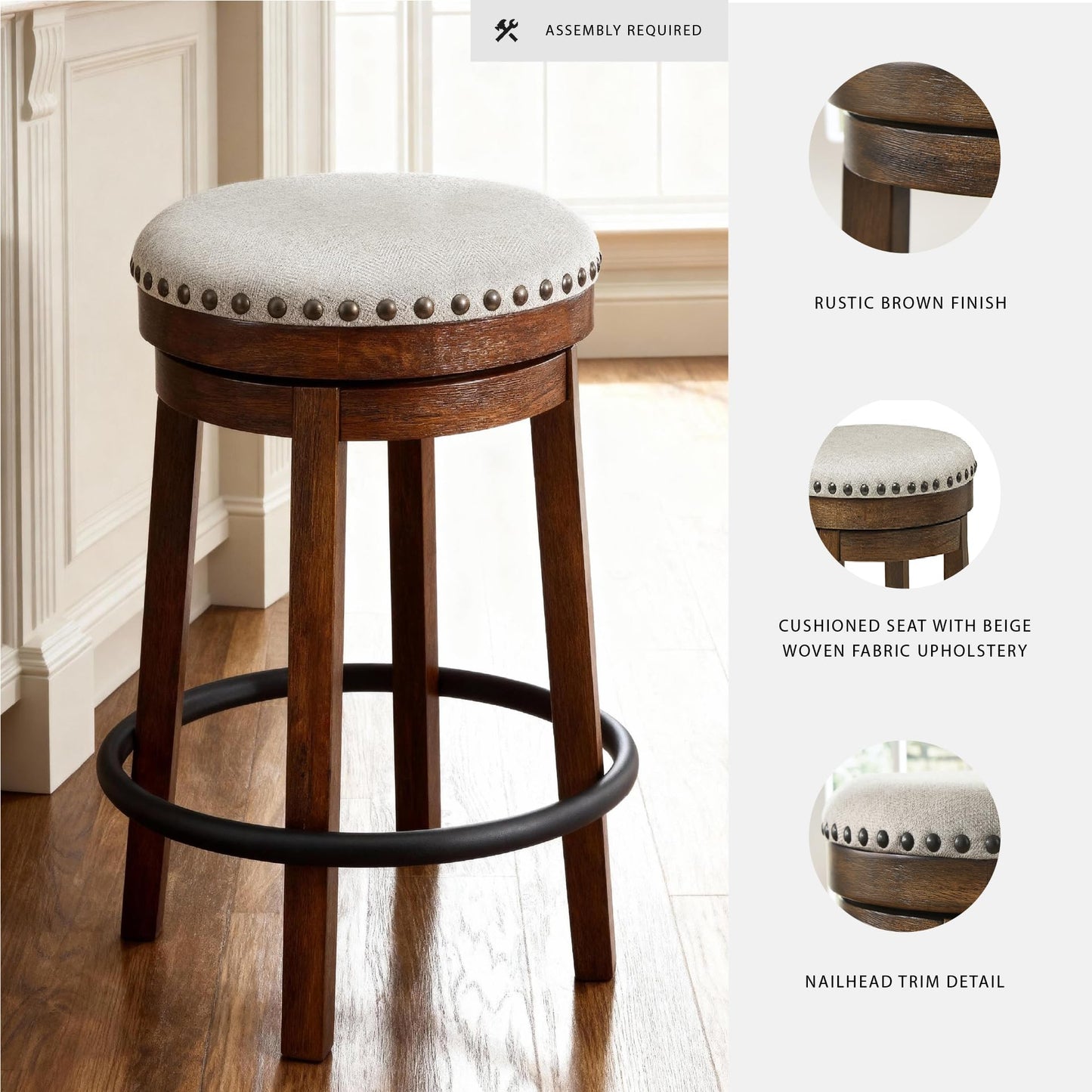 Signature Design by Ashley Valebeck Upholstered Swivel Stool, Cushioned Seat, Woven Fabric Upholstery, Wood, 24" H, Brown & Black