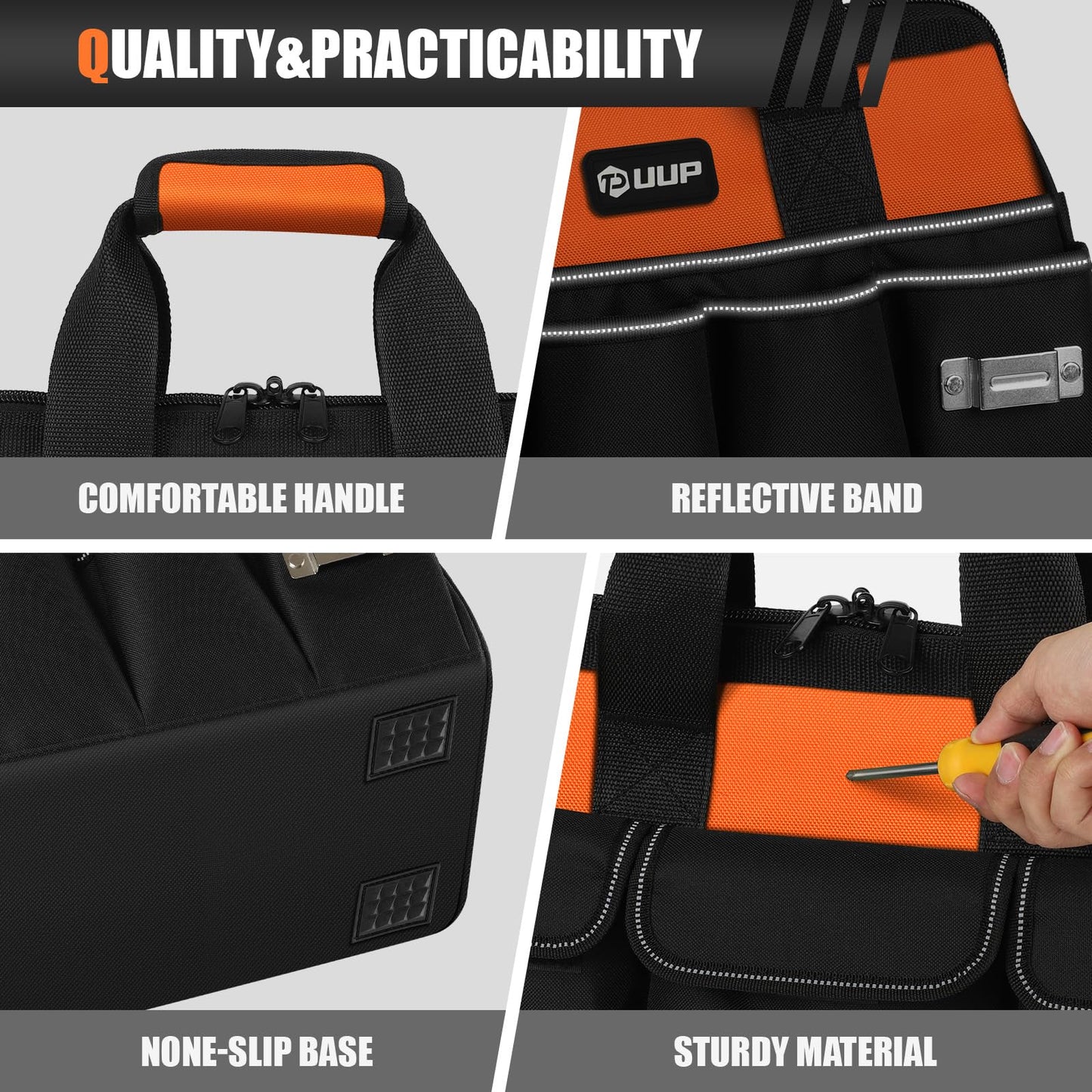 UUP Heavy Duty Tool Bag 15-Inch, 16-Pocket Portable Soft Tool Box Organizer Storage, Handle Tactical Carry Tote Empty Toolbox with Large Zipper, Father Day Dad Men Gift for Mechanic Engineer, Orange