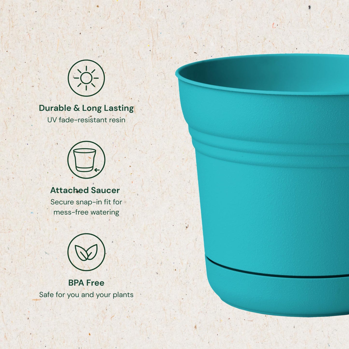 Bloem Saturn 7" Round Plastic Planter - Indoor/Outdoor, Snap-in Saucer & Drainage Holes, Bermuda Teal