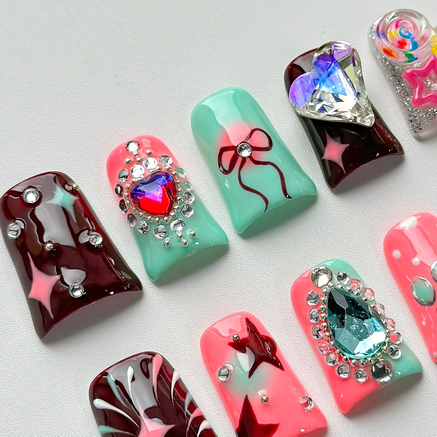 Luxury Press on Nails Short Duck Handmade 3D Unique Reusable ABS Material Fake Nails Pink Cute False Nails with Designs Rhinestones Stars Lollipop Glossy Glue on Nail Thick Acrylic Nail(M)