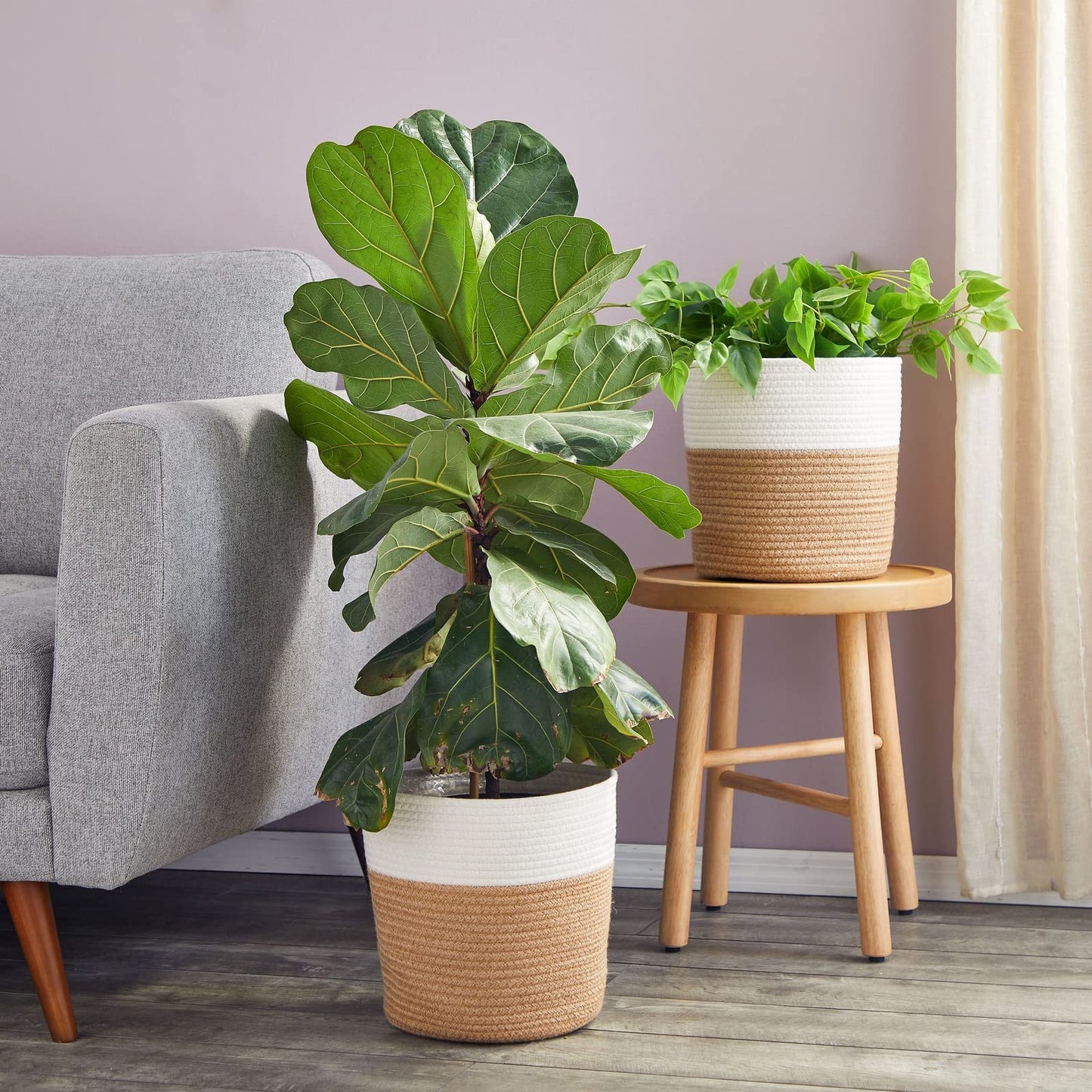 Juvale Plant Basket - 2-Pack, 11 in Brown Jute, Bohemian - Cotton Rope Planter with Liner & Woven Indoor Plant Basket with Plastic Liner