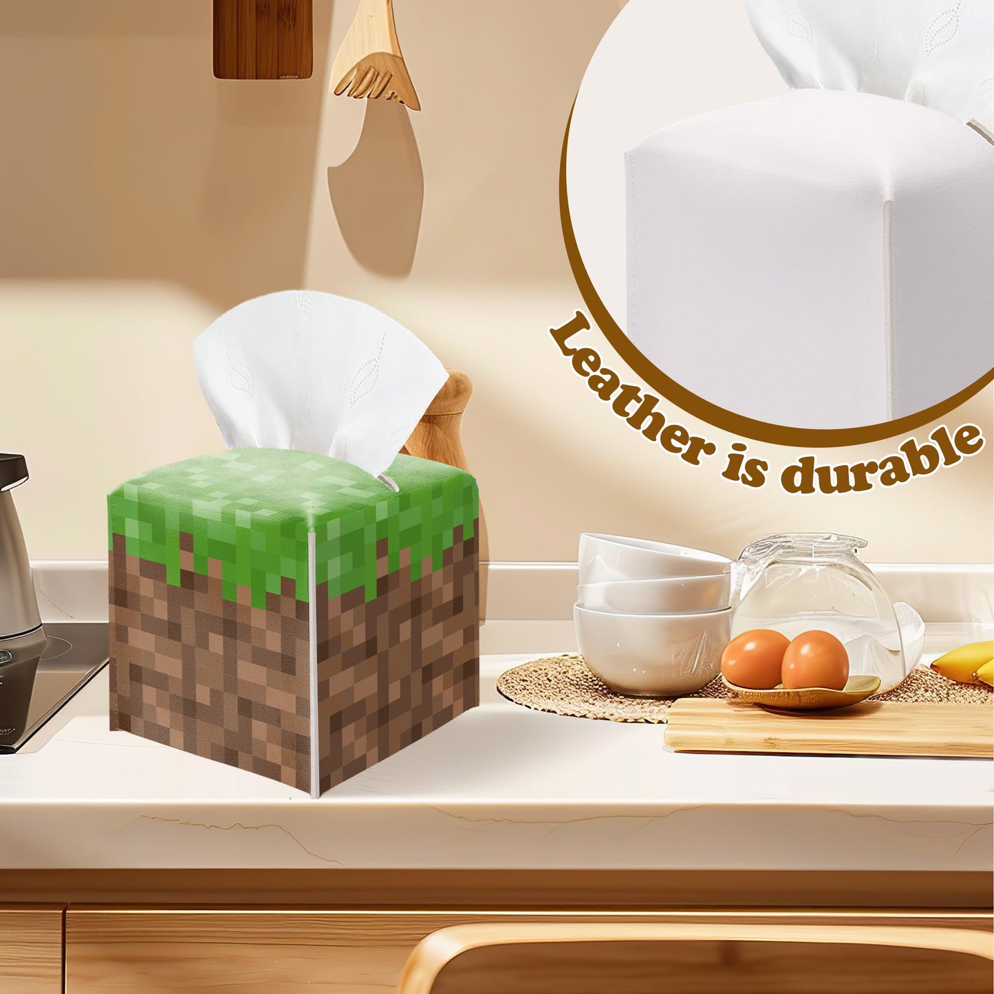 Pixel Grass Block Square Leather Tissue Box Cover – Pixel Theme Party Tissue Box Cover Holder Square, Pixelated Decor for Bathroom Nightstand Kitchen, Birthday Party Gift for Kids & Their Friends