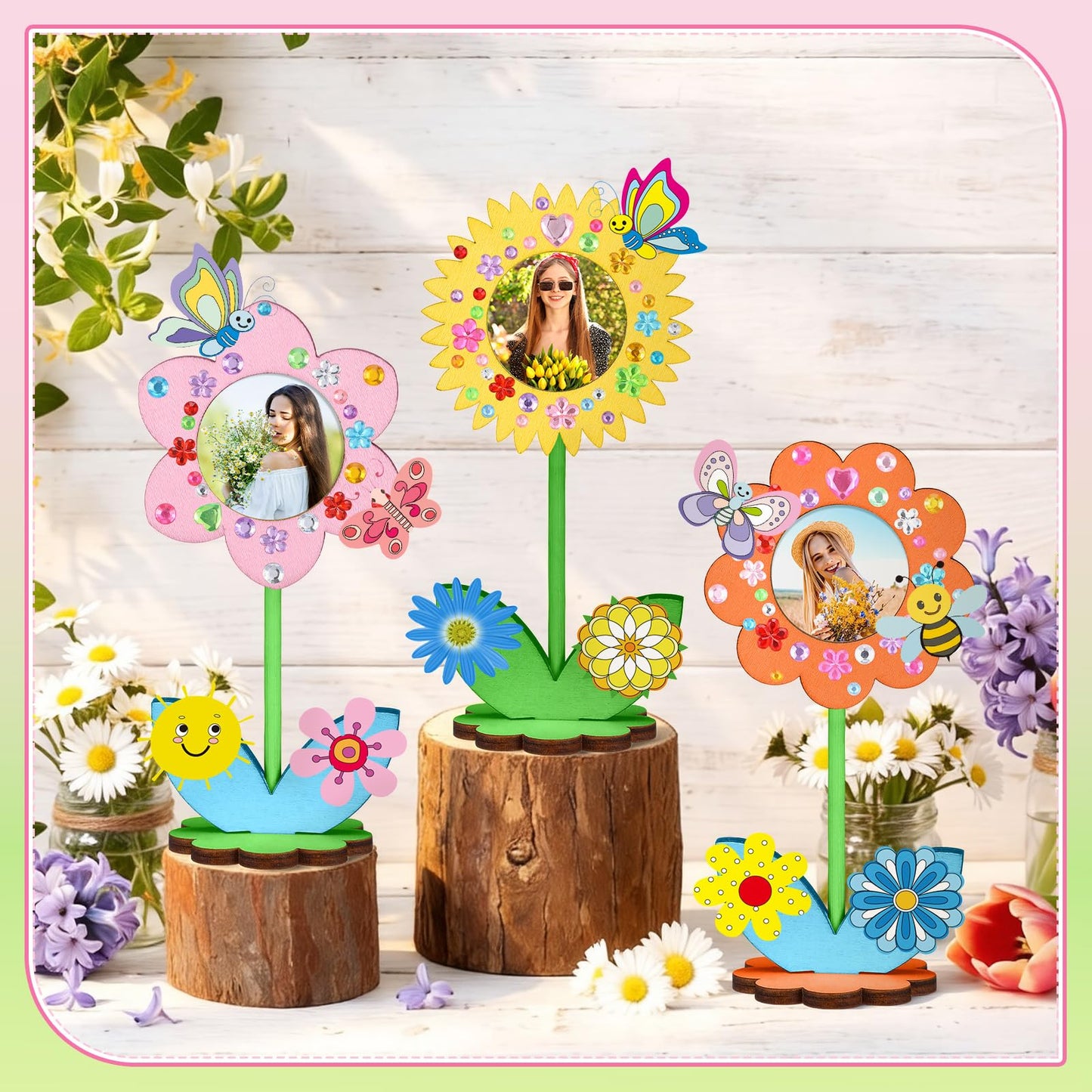 24 Sets Mother's Day Crafts Bulk Spring DIY Flower Picture Frame Kit Unfinished Solid Wood Flower Picture Frames Craft with Gems Sticker Paint Brush for DIY Birthday Party Gift(Assorted Styles)