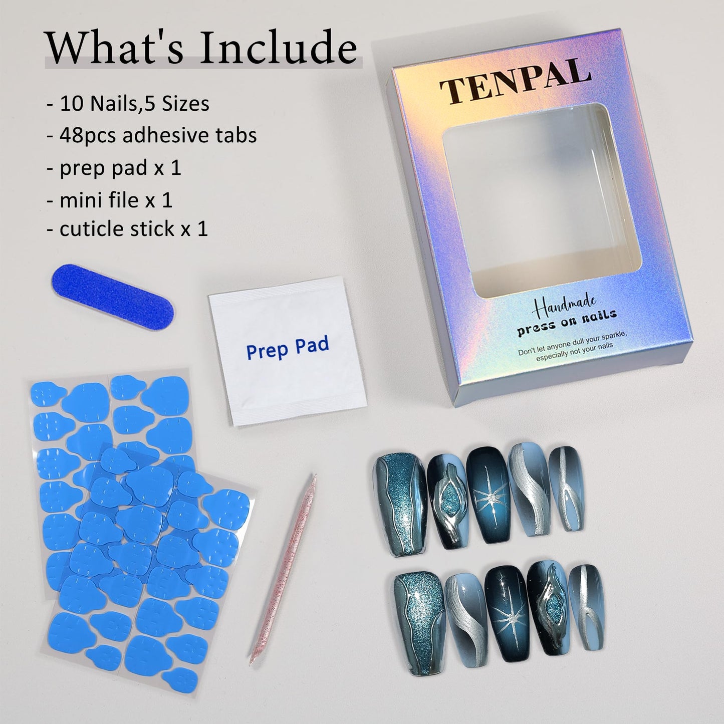 TENPAL Handmade Press On Nails With Tools,Black Blue Ombre 3D Cat Eye Coffin Fake Nails for Women,Glossy Metallic Airbrush Galaxy Designs Glue on Nails,Chrome Relief Punk Acrylic Nails 10pcs(S)