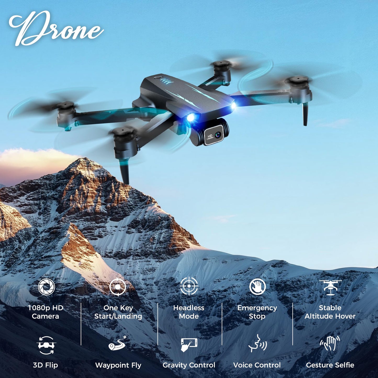 Drone with 1080P FPV Camera, Drone for Kids Adults with One Key Take Off/Land, Altitude Hold, 3D Flip, Waypoint Flight, Gestures Selfie, Gravity Control, 3 Speed, 2 Battery, Mini Drone with Camera for Kids 8-12 10-15, Beginners
