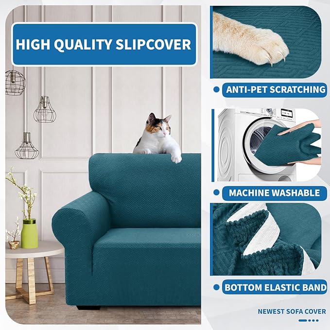 XINEAGE New 1 Piece Couch Covers for 2 Cushion (55"-69") Stretch Loveseat Sofa Cover Slipcover Jacquard Universal Furniture Protector with Elastic Bottom for Kids,Dog (Loveseat, Peacock Blue)