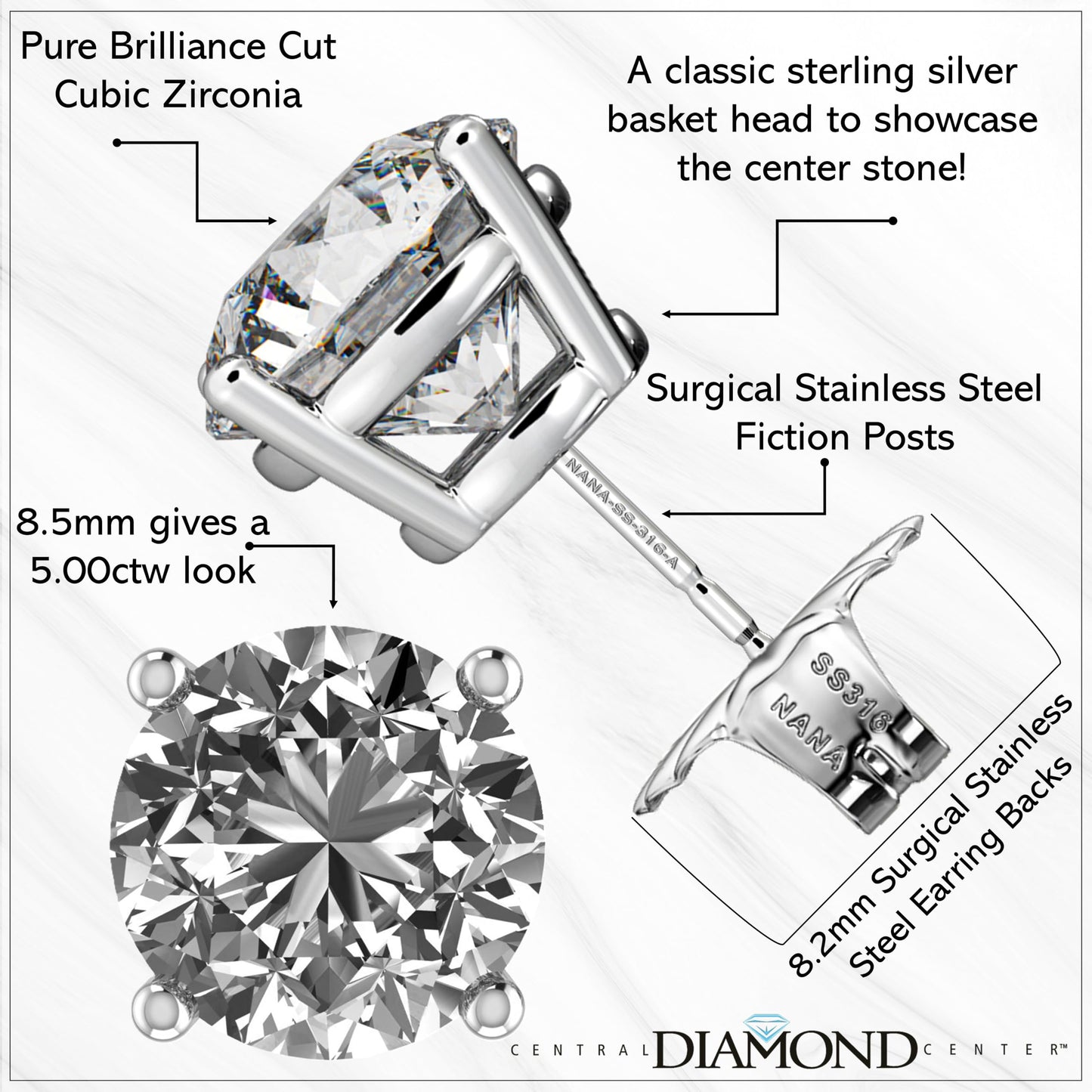 Central Diamond Center Round Simulated Diamond Stud Earrings Hypoallergenic Metal & Sterling Silver CZ - 8.50mm (5.00cttw) Yellow