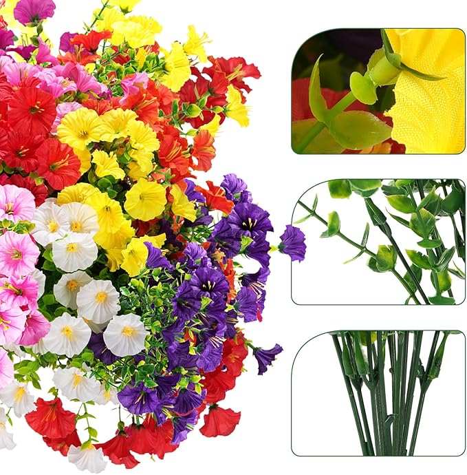 Artificial Flowers for Outdoors, UV Resistant Fake Silk Morning Glory, Realistic Faux Plants for Outside Porch Patio Window Box Hanging Planter (16, Yellow)