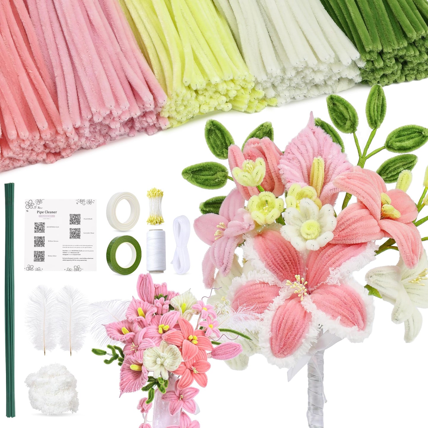 LENYNAL 500 Pcs Pink Pipe Cleaner Flower Kit, Pastel Pipe Cleaners Craft Bulk, Glue-Free & Safe for Kids, Step-by-Step Tutorial, 5 Colors Chenille Stems for Flower Making