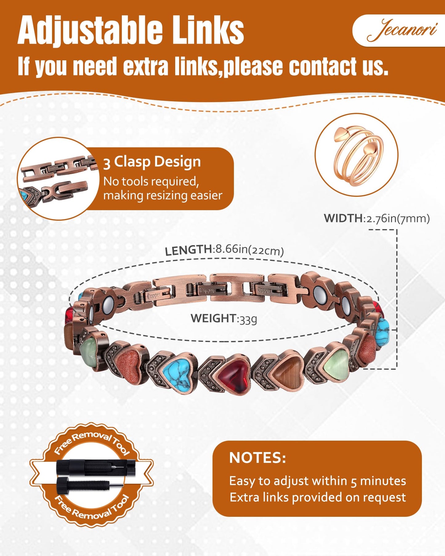 Jecanori Copper Bracelets & Ring for Women,Magnetic Bracelets for Women with 3800 Gauss Ultra Magnets and Sizing Tool